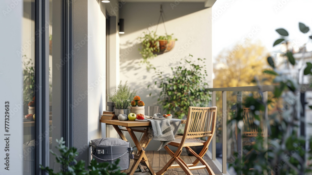 Experience cozy outdoor living with a minimalist balcony boasting a small table, chairs, and vibrant potted plants, creating a serene atmosphere. AI generative.