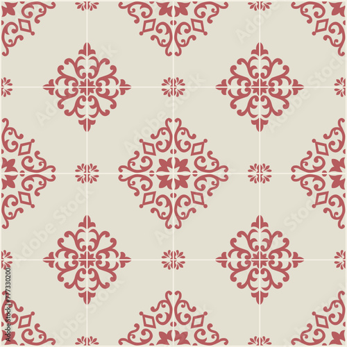 Portuguese tiles. Marian tiles in red and beige. Ceramic Tiles. Hydraulic Portuguese ceramic design. 