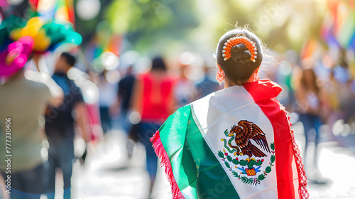 Mexican woman in national dress holding a Mexican flag at a cinco de mayo parade. Cinco de mayo. The day of the dead. Mexico festival