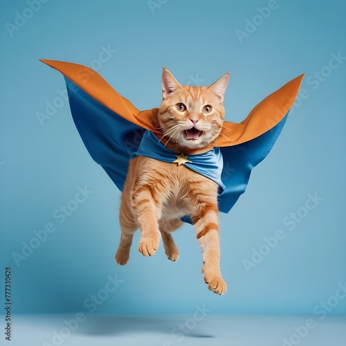 A cat jumping flying with super hero clothes Blue background