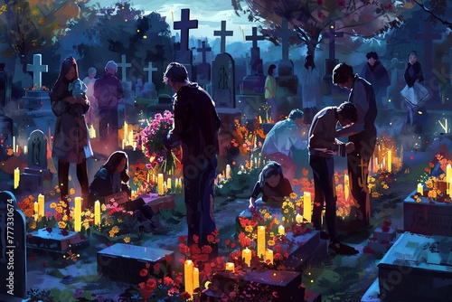 Families and friends gathered around gravesites at a cemetery. Generative AI photo