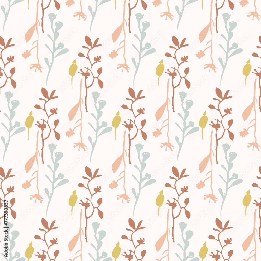 Modern vector pattern with pretty floral drawing motifs . Decorative seamless botanical background with gender neutral spring flowers. Natural stylish for fabric, interior wallpaper surface design.