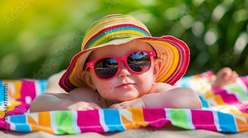 Adorable baby in sunhat, joyful infant on summer day, beach vacation, cute toddler, sunny childhood.