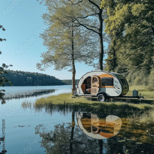 A camper trailer parked in a grassy area next to a lake --ar 1:1 --v 6 Job ID: 2ba8a6c7-b24d-4fcf-a8c1-42f1ad47a9c9 photo