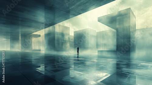 person in a future building corridor in fog morning