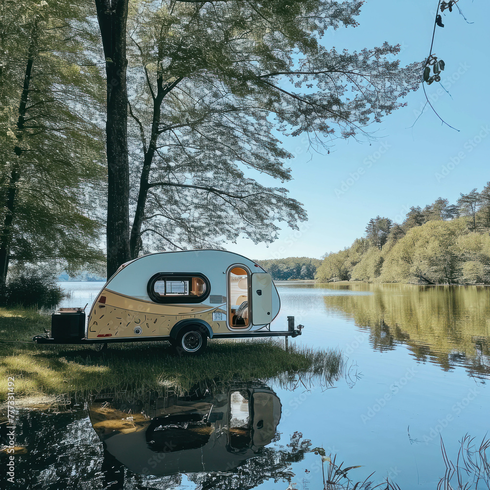 Discover the joy of camping by a lake with a camper trailer parked in a grassy area. Immerse in the serene lakeside scenery. AI generative technology enhances the natural landscape.