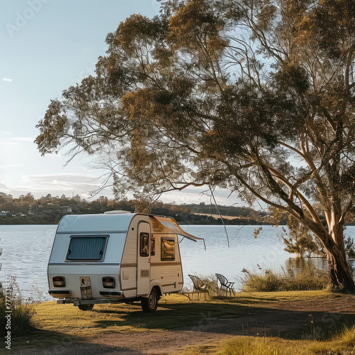 Discover the joy of camping by a lake with a camper trailer parked in a grassy area. Immerse in the serene lakeside scenery. AI generative technology enhances the natural landscape. photo