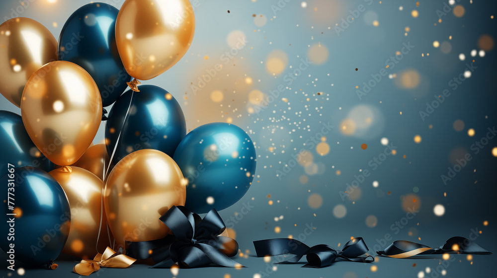Festive balloons and confetti in gold and blue colors, perfect for celebrations, parties, and special events like birthdays, weddings, and anniversaries, adding elegance and joy to any gathering Festive balloons and confetti in gold and blue colors, perfect for celebrations, parties, and special events like birthdays, weddings, and anniversaries, adding elegance and joy to any gathering