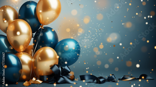 Festive balloons and confetti in gold and blue colors, perfect for celebrations, parties, and special events like birthdays, weddings, and anniversaries, adding elegance and joy to any gathering