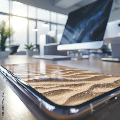 Explore hyper-realistic detail as a mobile phone rests on an office desk. The screen transports to a paradise island with sand, offering a tropical escape. AI generative. photo
