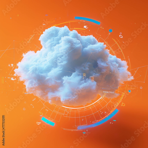 A futuristic cloud with data, isolated on an orange background. Studio lit with blue and orange hues, this 3D render explores digital abstraction. AI generative technology enhances realism. photo