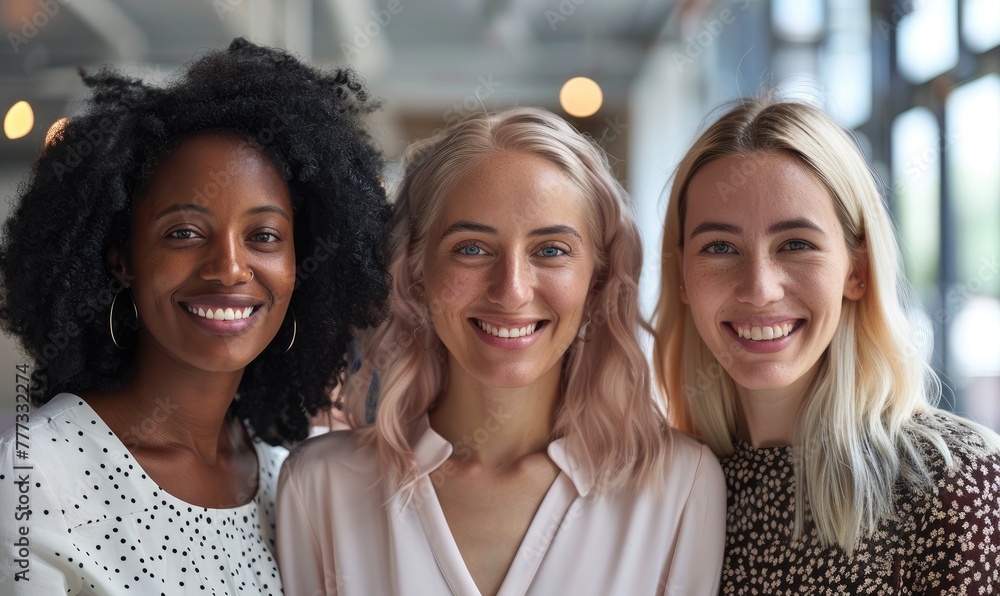 Three diverse and happy women posing for a photo