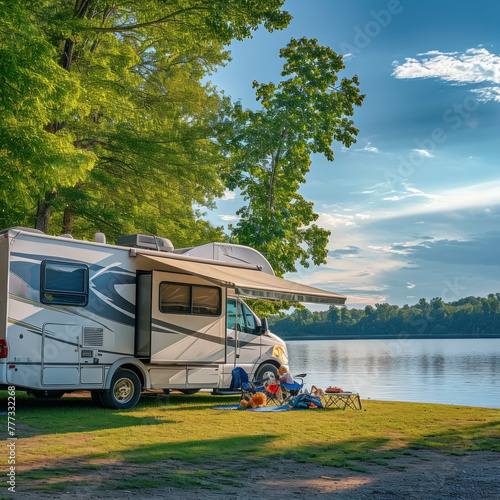 Escape to nature with a luxurious RV parked by a tranquil lake, where a family enjoys a picnic under the extended awning. Observe the glowing radioactivity in HDR. AI generative enhances realism. photo