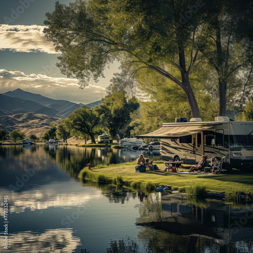Experience leisure by a tranquil lake with a luxurious RV and a family picnic under the extended awning. Capture the glowing radioactivity in stunning HDR. AI generative enriches realism. photo