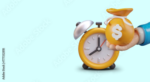 Realistic hand holds bag of money near alarm clock. Time is money