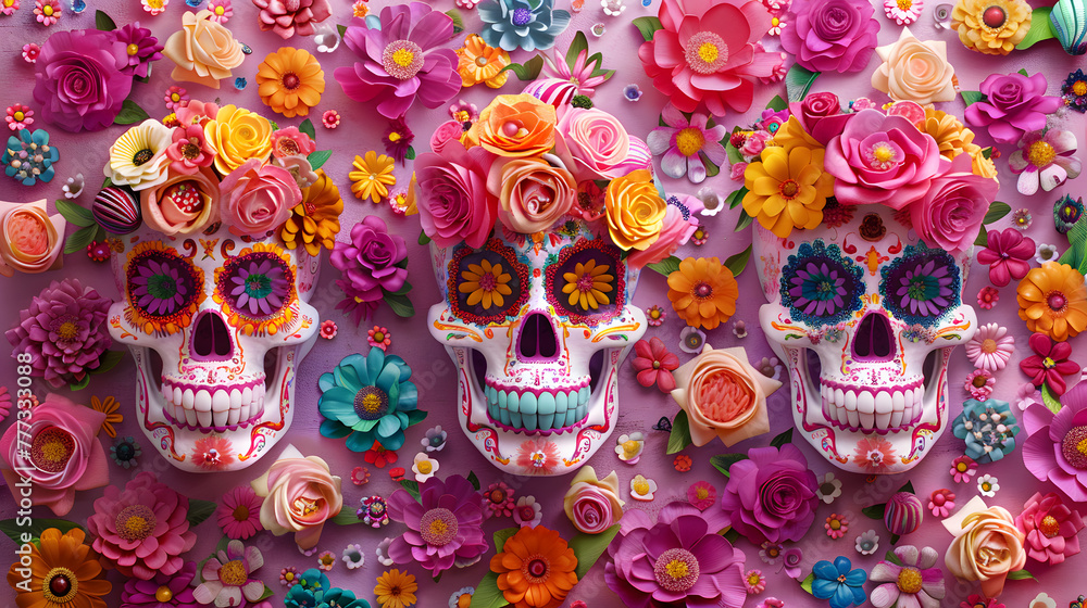 3 sugar skulls decorated with colorful flowers and candies. Cinco de mayo. The day of the dead. Dia de los Muertos. Halloween