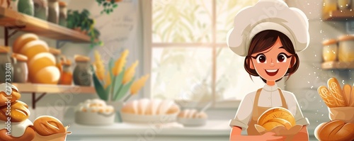 Cute female baker smiles and holds bread in a private baking store. Baker-seller and artisan bread. Banner with place for text. Craft baking concept