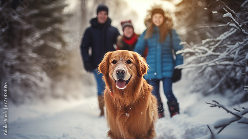 Full length portrait of happy couple family walking brown dog in beautiful winter forest at sunrise. Hiking with akita-inu puppy pet concept, Christmas happy family,mother and son walking with dog.