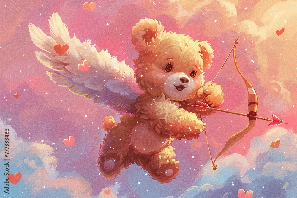A cartoon Cupid bear, complete with tiny wings and a quiver of hearttipped arrows, soaring through a pink Valentines Day sky , cartoon style A cartoon Cupid bear, complete with tiny wings and a quiver of hearttipped arrows, soaring through a pink Valentines Day sky , cartoon style