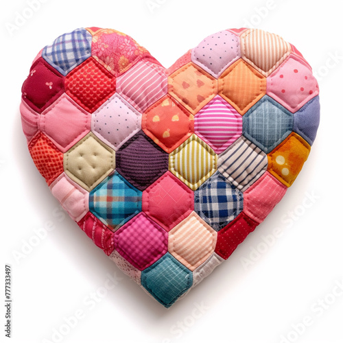 A heart-shaped masterpiece crafted from patchwork quilts, radiating warmth, comfort, and the intricate beauty of love stitched together in a cozy and charming display.
