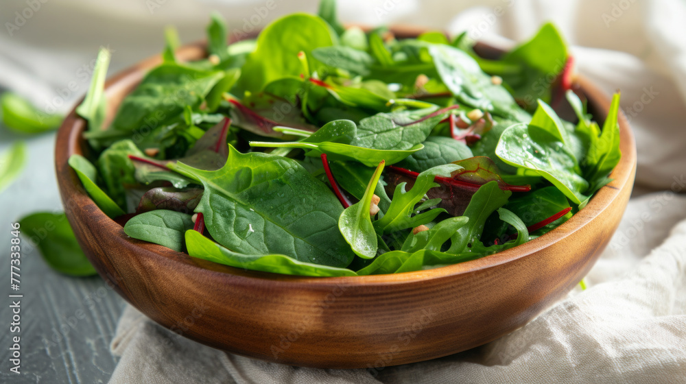 Mixed green salad with spinach and arugula in a boho wooden bowl on a white dishcloth Mixed green salad with spinach and arugula in a boho wooden bowl on a white dishcloth