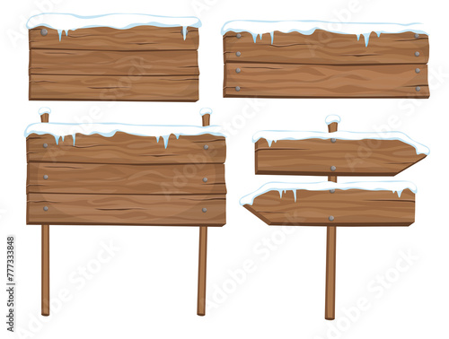 Cartoon set of blank wooden signs covered with snow and ice isolated on transparent background