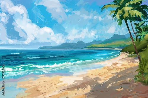 Illustration of a Hawaii beach in the style of cartoon