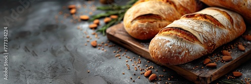 Ruddy craft bread with mendal on a wooden tray. Freshly toasted fluffy artisan bread. Banner with place for text. Craft bread concept photo