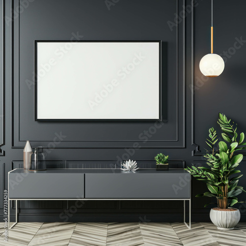 Transform your interior design with this captivating mockup frame on the cabinet in a modern living room. AI generative technology elevates the aesthetic appeal.