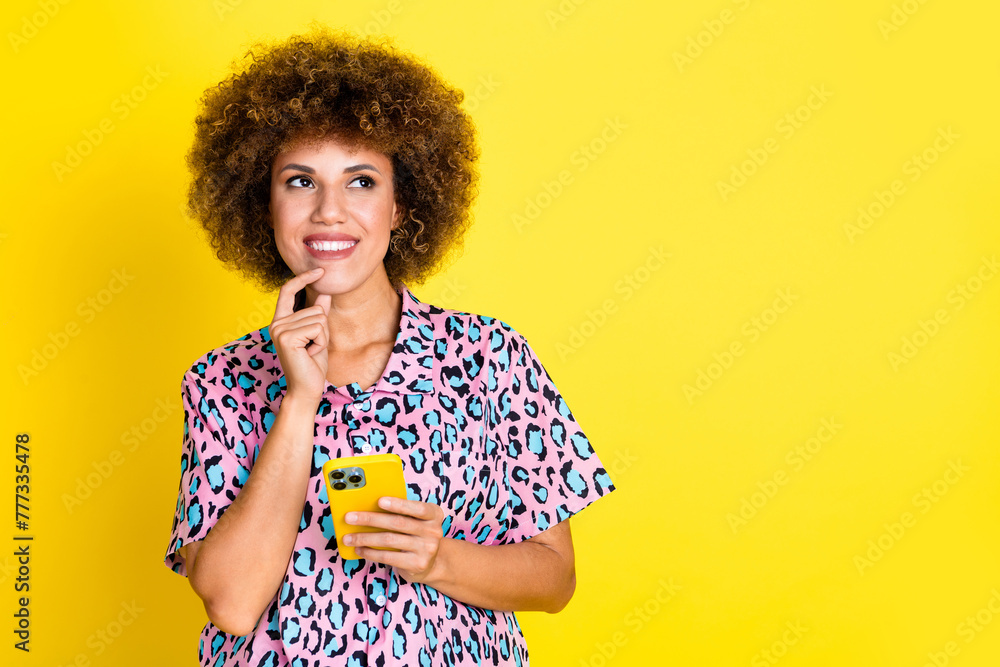 Photo of funky dreamy lady dressed leopard print shirt communicating modern device empty space isolated yellow color background