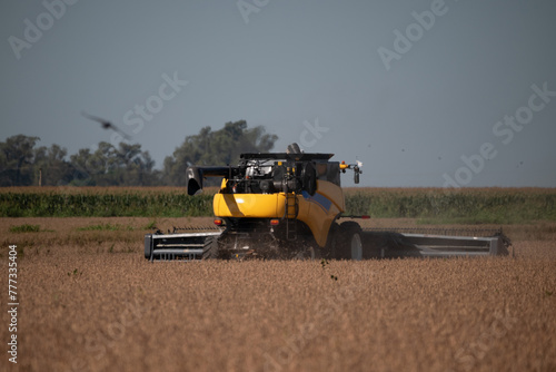 Cosechadora en funcionamiento en campo argentino cosechando soja