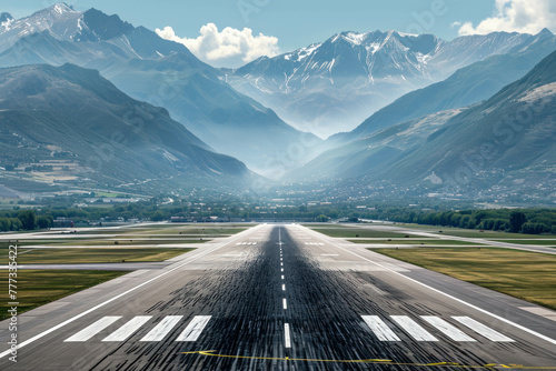 Capture the beauty of aviation with a view of the airport runway and a passenger aircraft lifting off against a stunning mountain backdrop on a sunny day. AI generative. photo