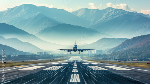 Witness a passenger aircraft takeoff from the runway at the airport, set against a backdrop of majestic mountains on a clear weather day. AI generative. photo
