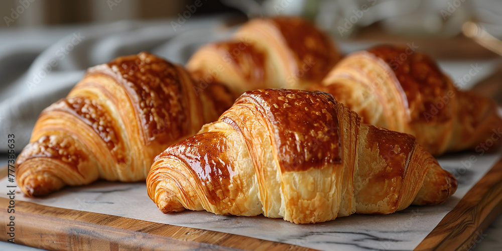 Gourmet Croissants with Glossy Glaze on Wooden Serving Board
