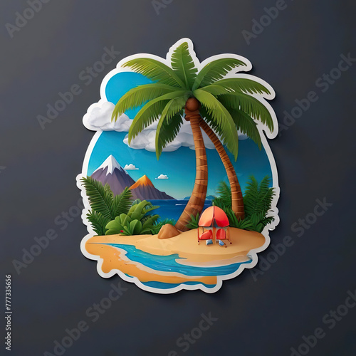 Pegatina diseño 3d playa montañas arena palmeras tropical