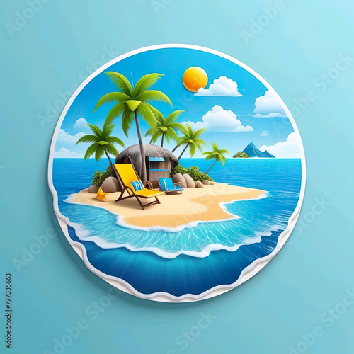 Pegatina diseño 3d Isla cabaña mar sol palmeras arena