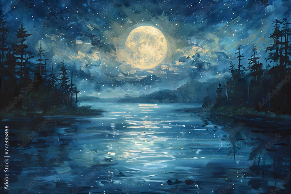 Oil painting of a gigantic lake on a beautiful starry and moonlit night