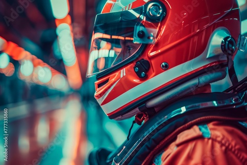 Close Up Portrait of a Person in a Red and White Racing Helmet with a Visor in a Vibrant, Blurry Neon Lit Setting