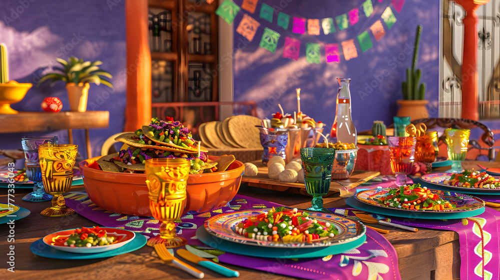 A colorful party table with Mexican decorations, a banner of paper bunting in the background, Mexican food on plates and some colorful glassware. Cinco de mayo. The day of the dead. Dia de los Muertos