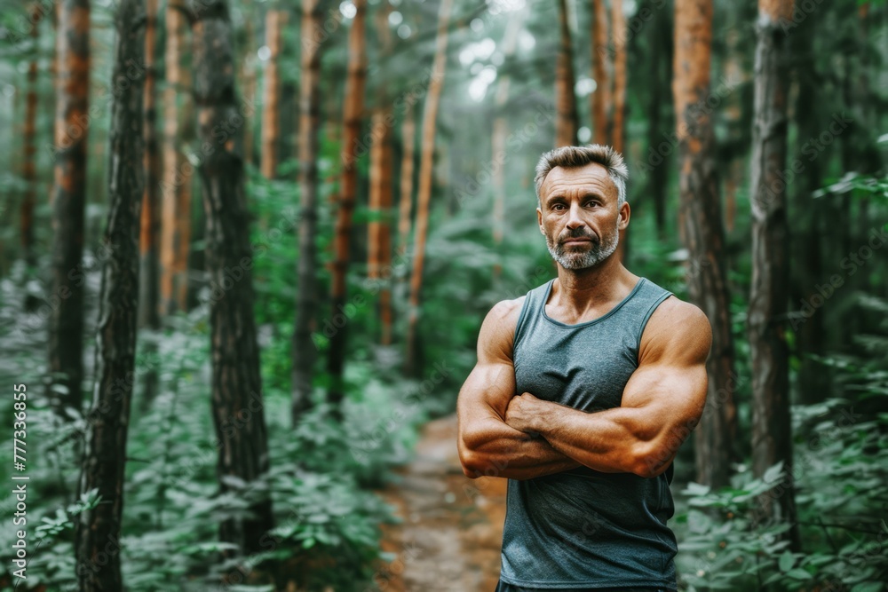 portrait of fit mature gray bearded man with hands crossed posing on camera during active training in green forest