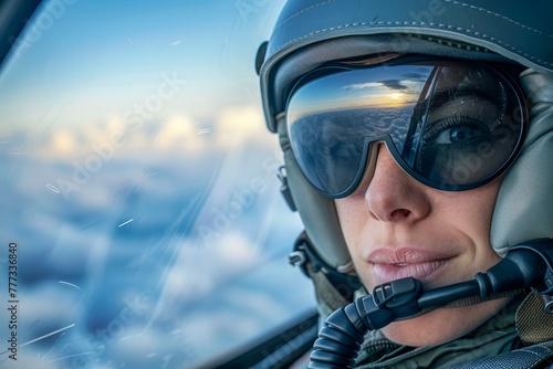 Close up Portrait of a Female Pilot in Helmet and Goggles against Sky Confidence and Professionalism in Aviation © pisan