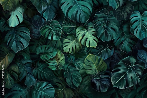 dark green tropical leaf background with Monstera deliciosa. Illustration  flat design  digital art  detailed concept art.