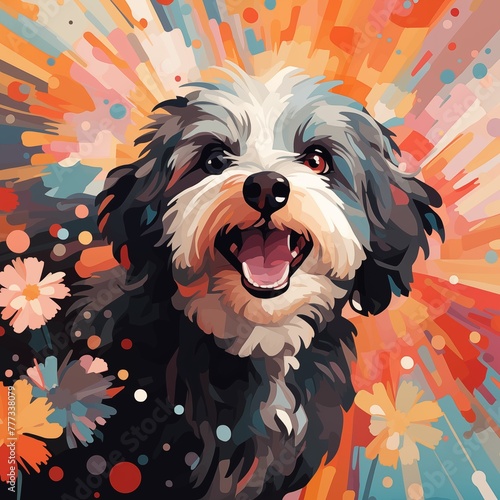 Vibrant and Joyful Dog Illustration with Colorful Abstract Background