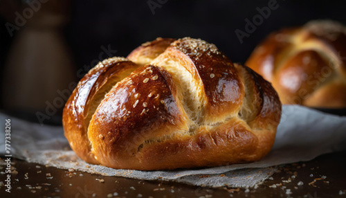 Close-up of brioche bread. Fresh and tasty bakery. Dark background.