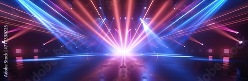  A stage set design, background illustration with vibrant beaming stage lights, Stage for online live concert Concert live streams available online photo