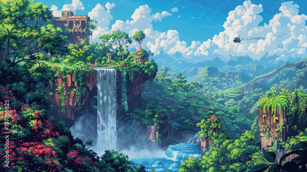 A vibrant pixel art landscape depicting a lush jungle, reminiscent of ...