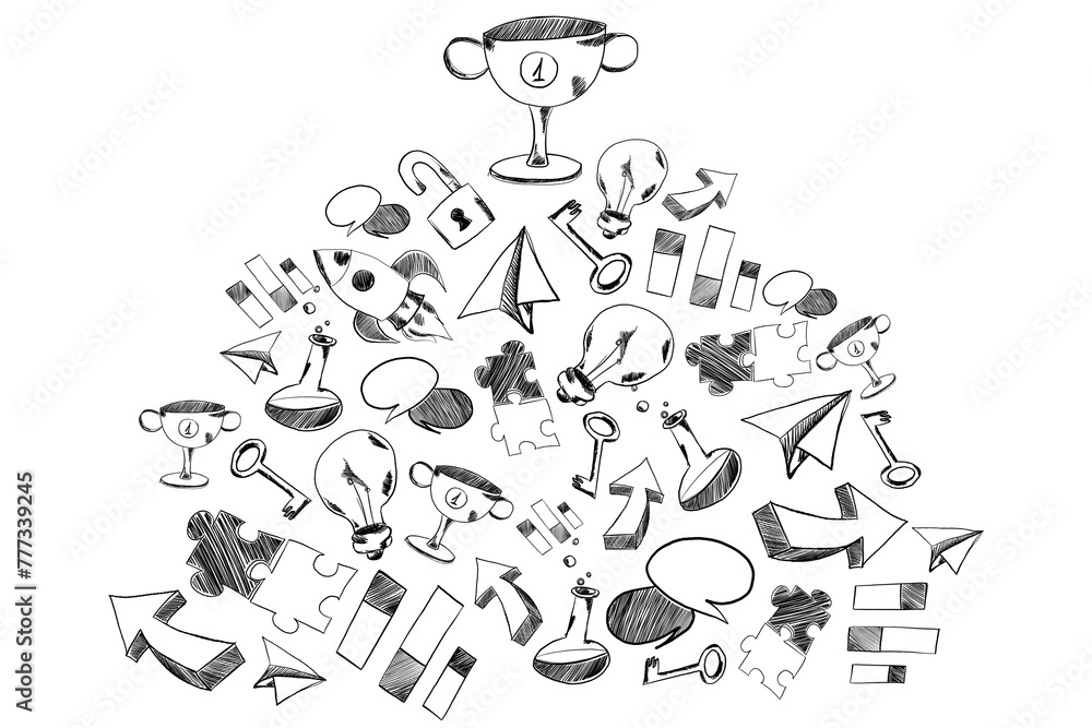 A variety of hand-drawn doodle elements including arrows, speech bubbles, and light bulbs on a white background, depicting a concept of communication and ideas