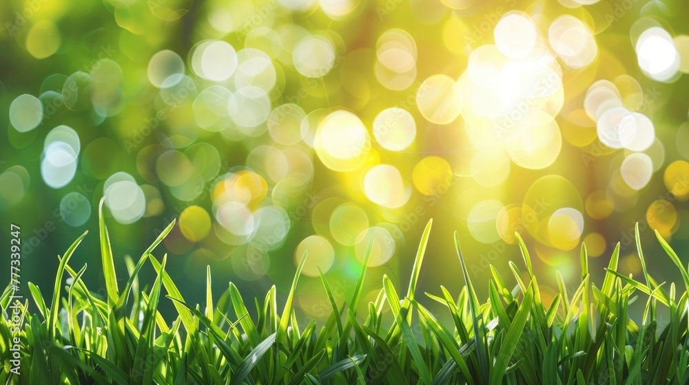 Spring background with green grass and sun light bokeh