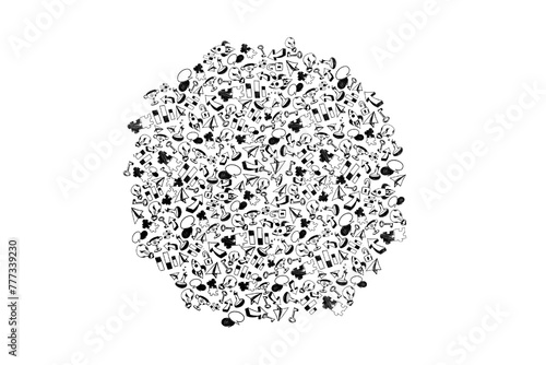 A collage of various black and white icons and elements forms a circle on a white background, conveying a concept of diversity