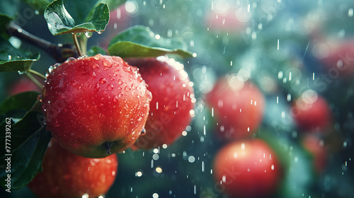 Rainy day in the apple orchard.